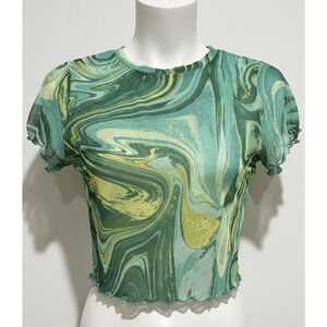 Heart Hips Top Size S Green Mesh Marble Print Sheer Crop Top Y2K Fairy Grunge